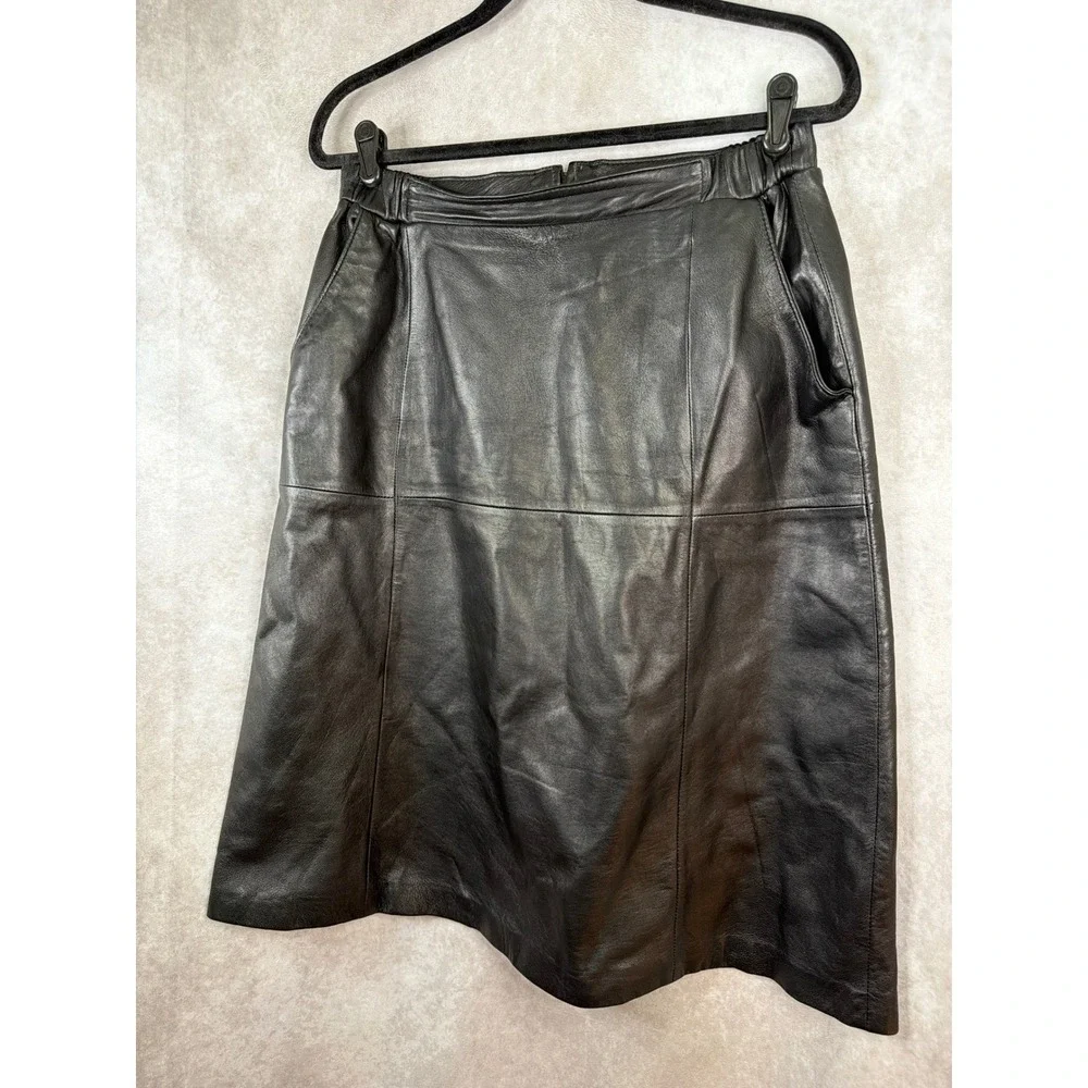 VTG Deerskin Leather Skirt Women Size 16 Black A-Line Midi Pockets Elastic Waist